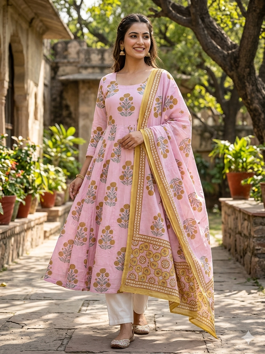 Aarohi Cotton Kalidar Dupatta Set .