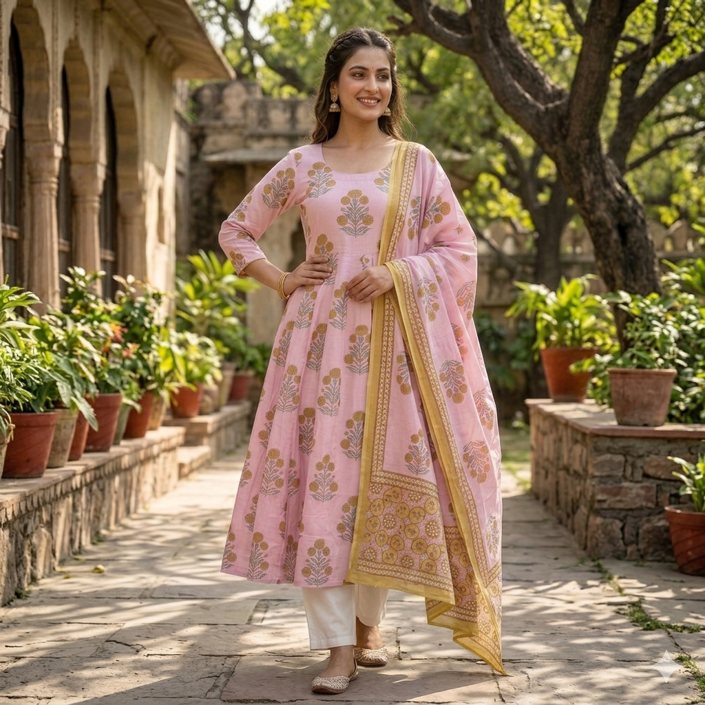 Aarohi Cotton Kalidar Dupatta Set .