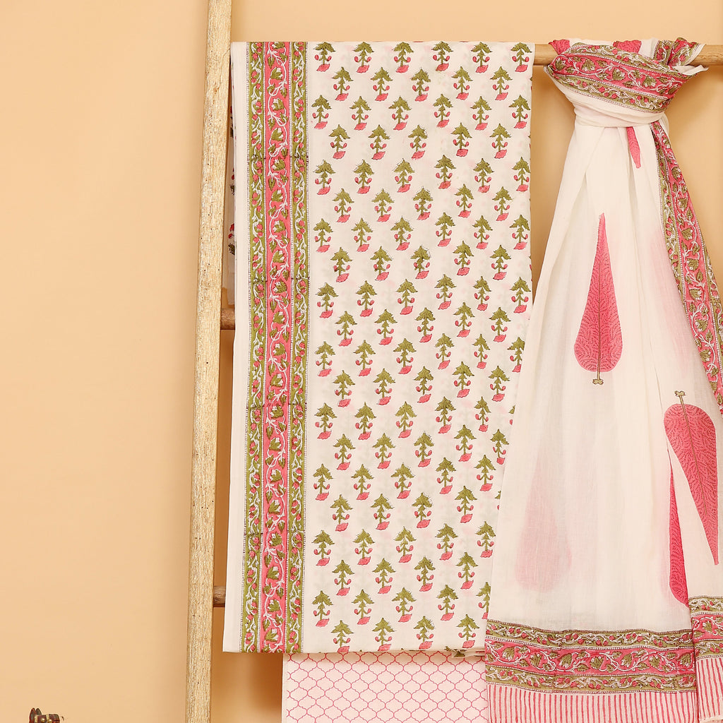 White with pink pure cotton hand block printed  unstitched Suit set