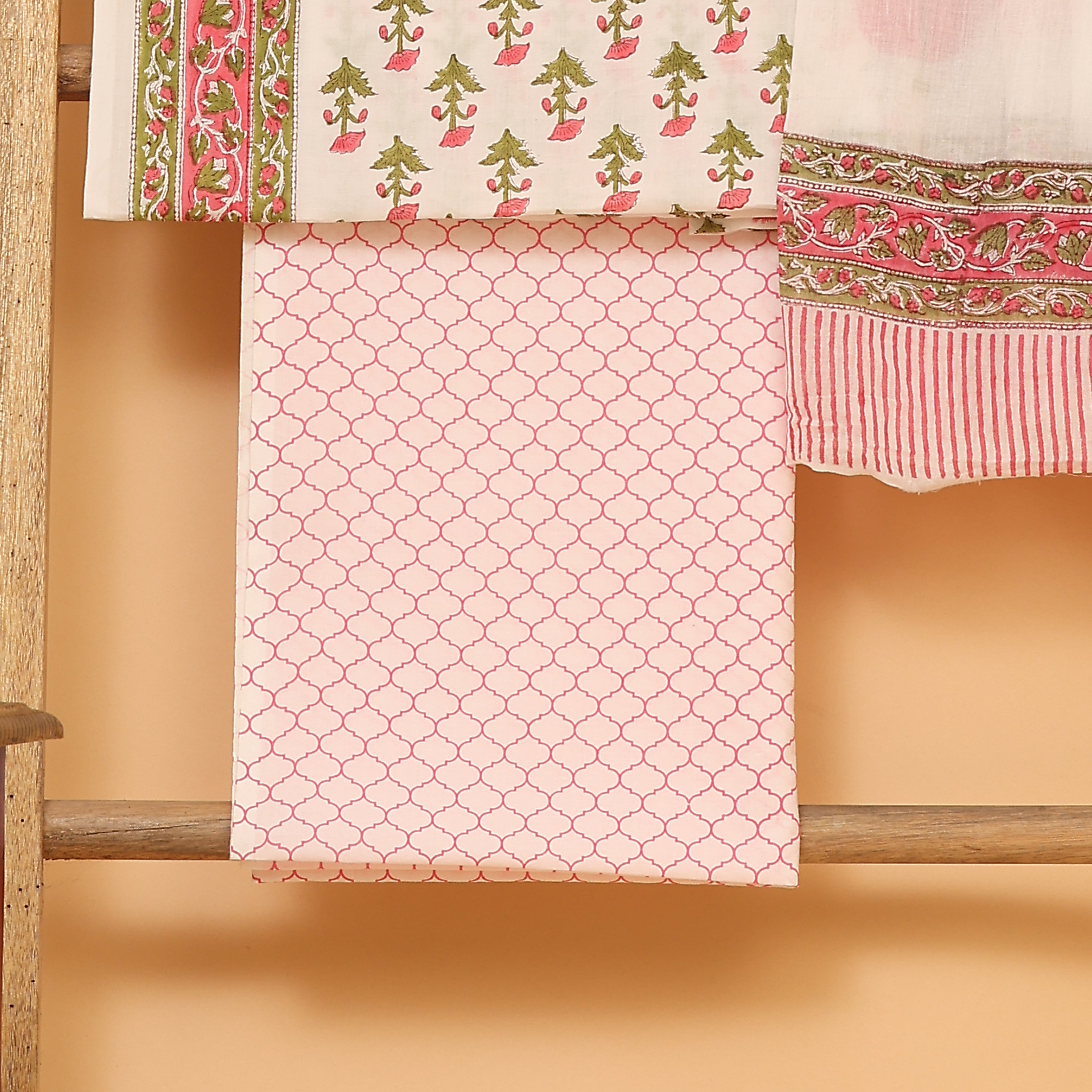 White with pink pure cotton hand block printed  unstitched Suit set