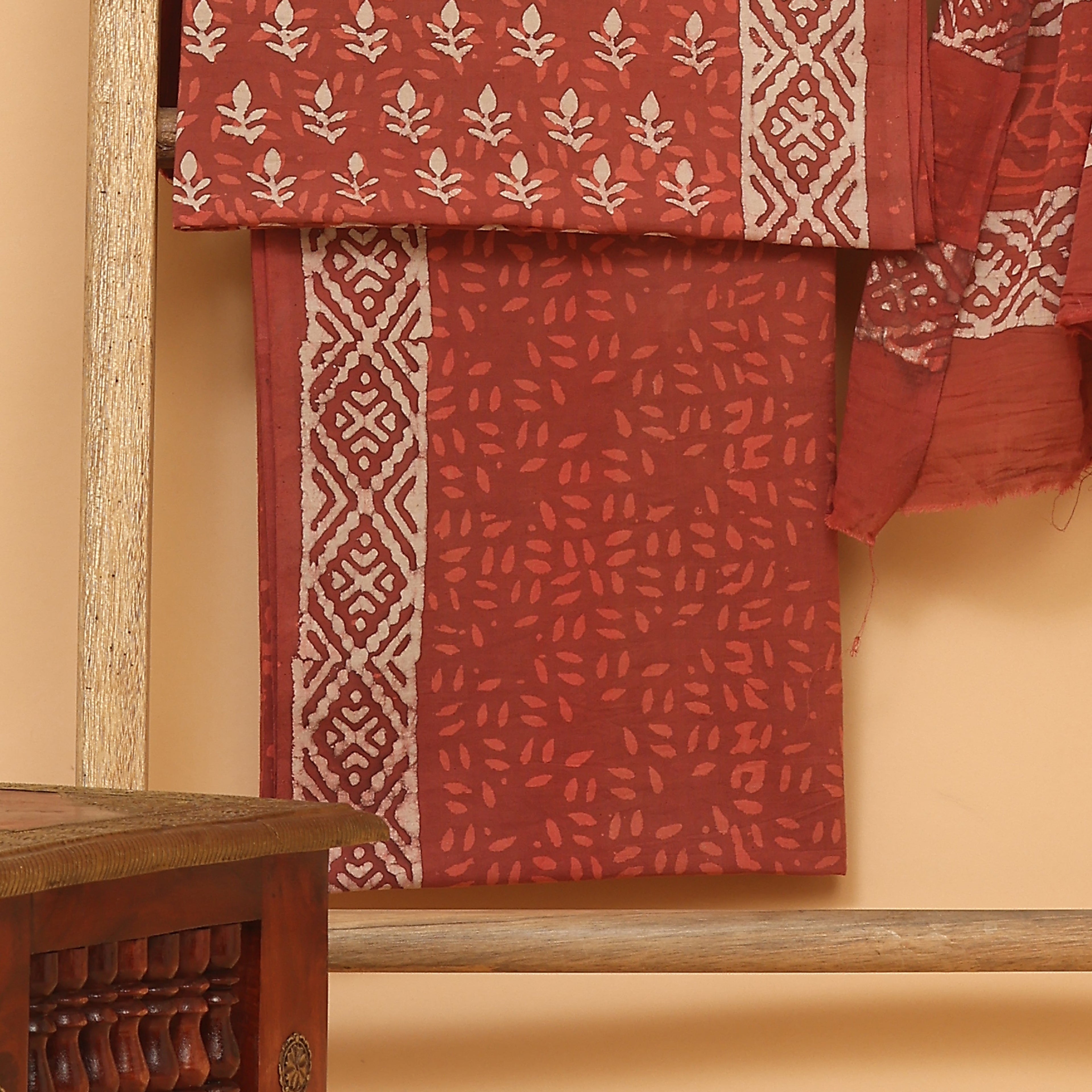 Red hand block printed  cotton  unstitched Suit set