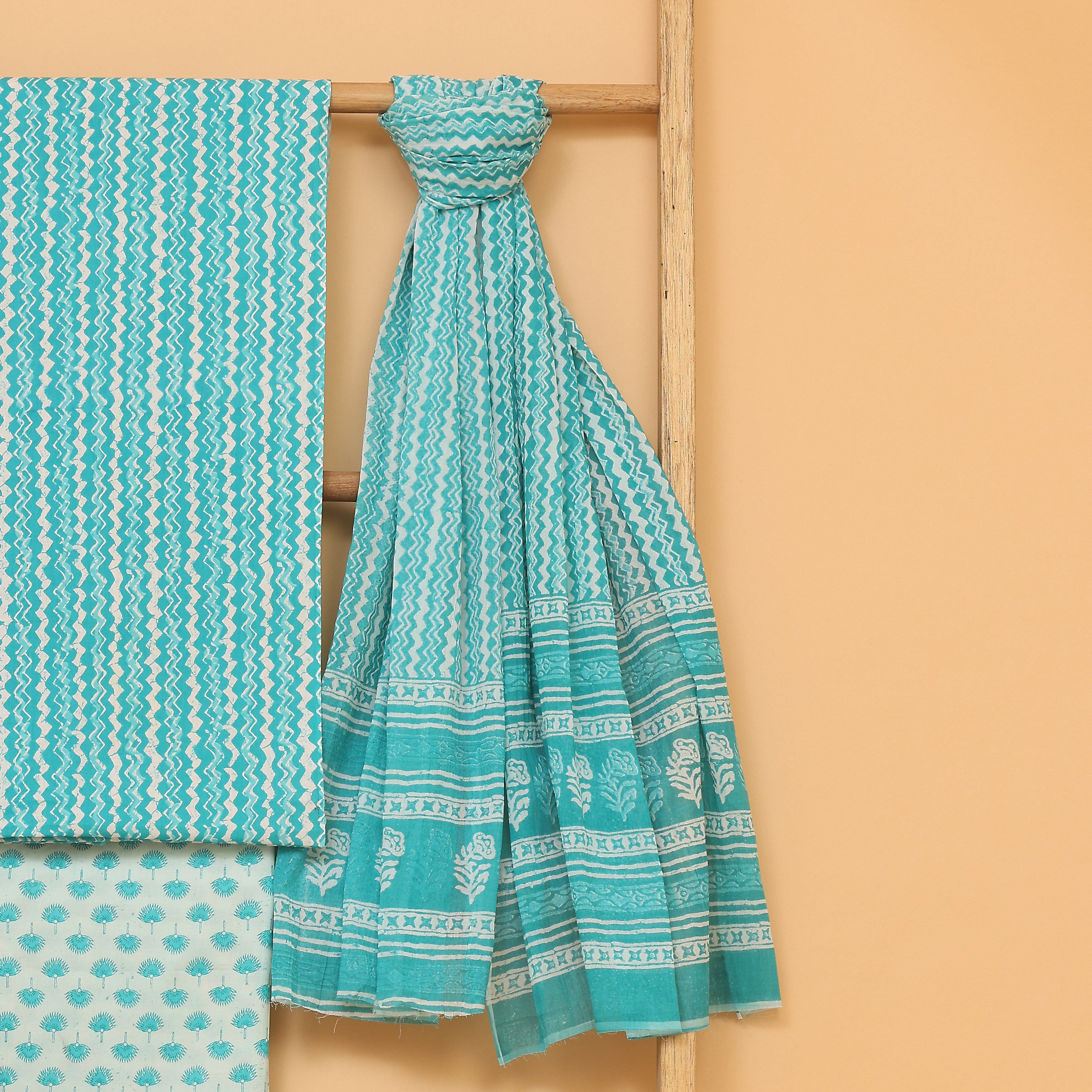 Hamza blue hand block printed cotton  unstitched Suit set