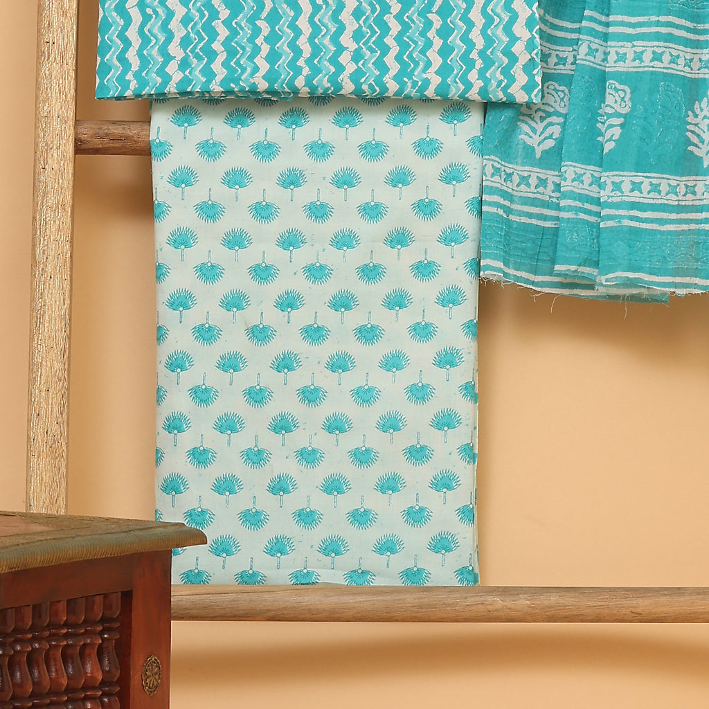 Hamza blue hand block printed cotton  unstitched Suit set