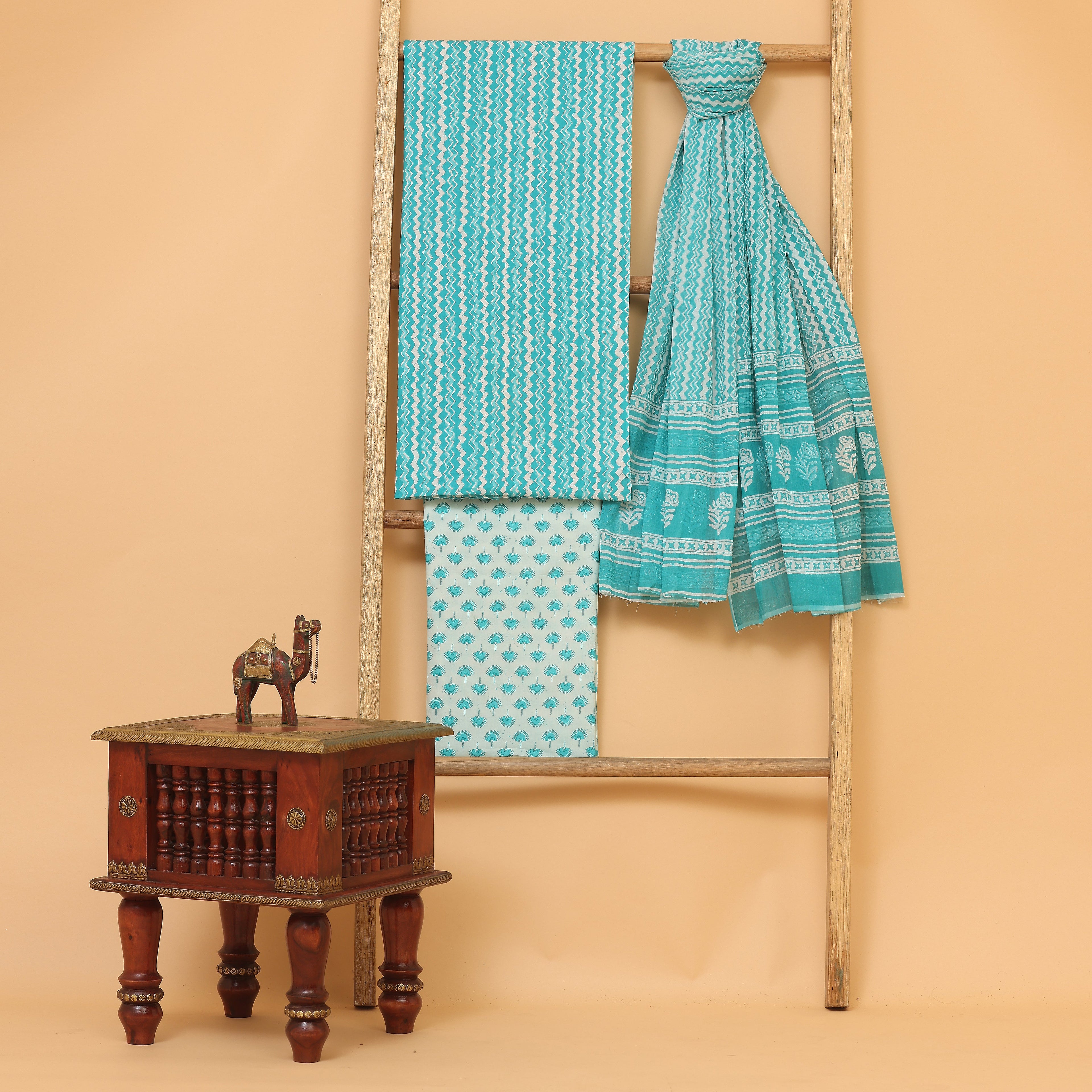 Hamza blue hand block printed cotton  unstitched Suit set