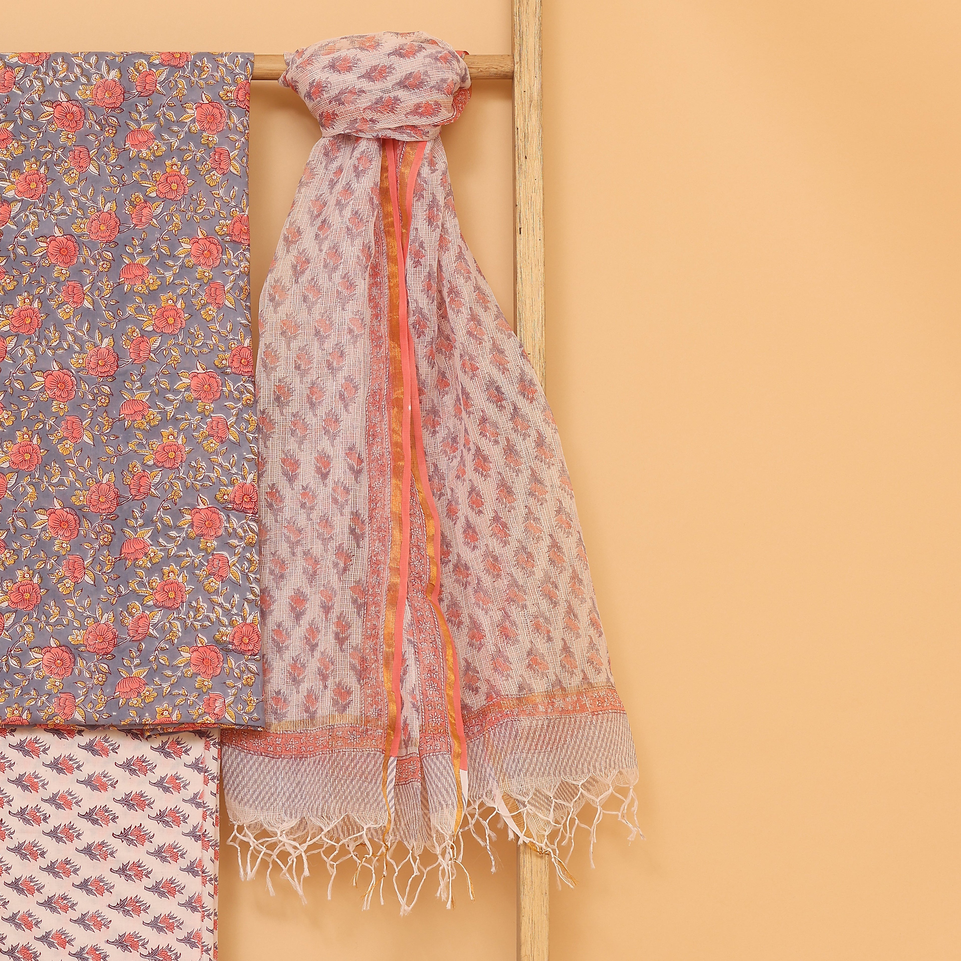 Bagru kalamkari hand block printed cotton  unstitched Suit set