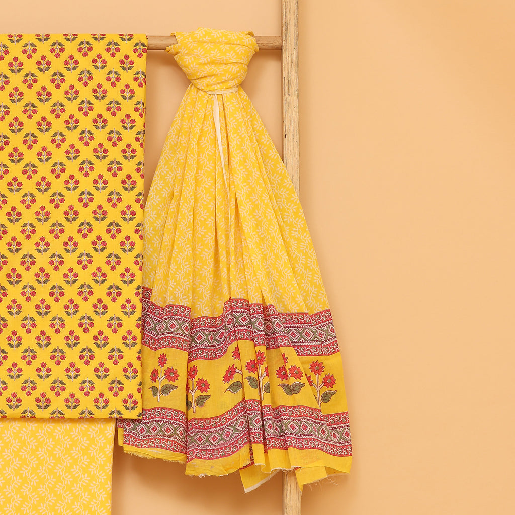 Yellow bagh hand block printed cotton  unstitched Suit set
