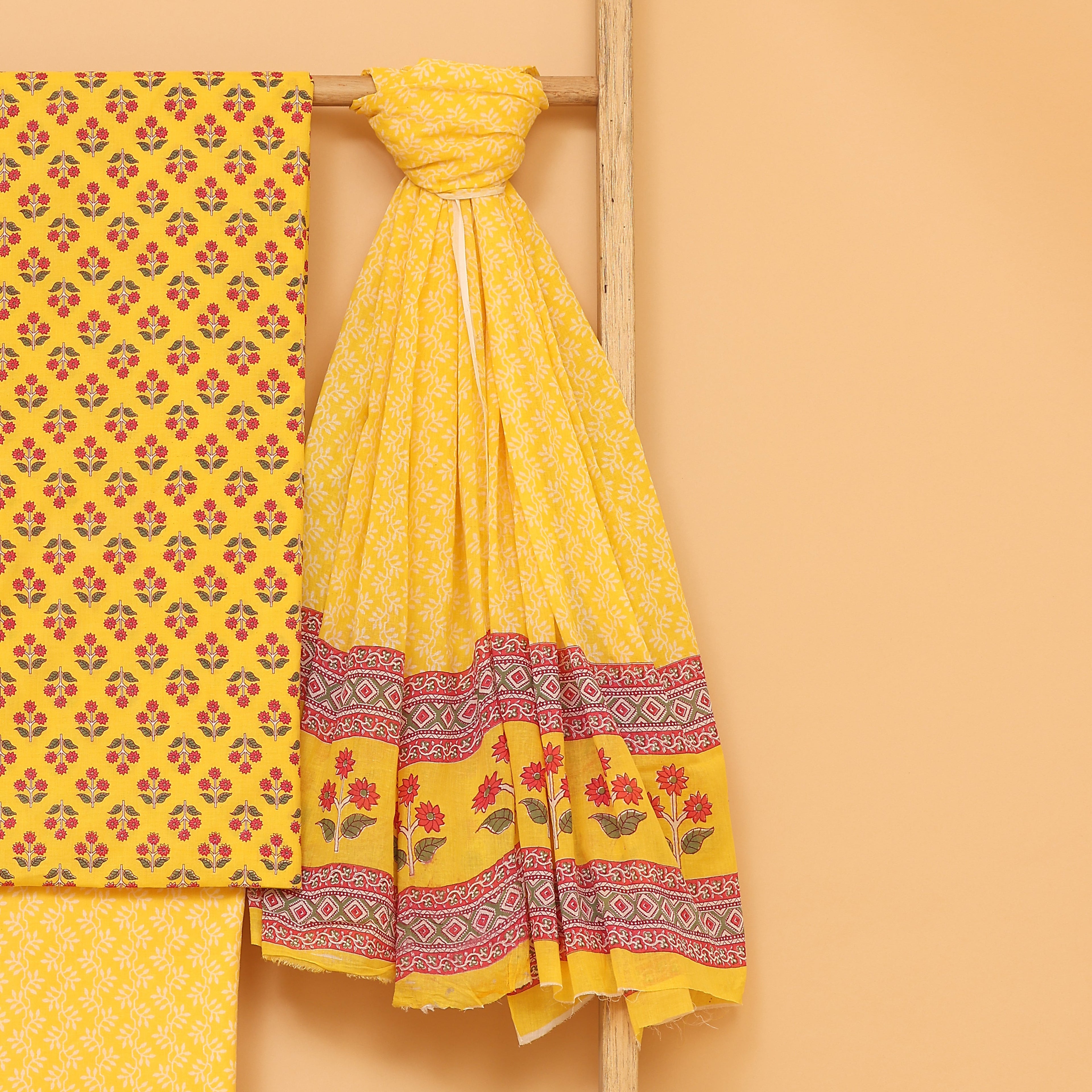 Yellow bagh hand block printed cotton  unstitched Suit set