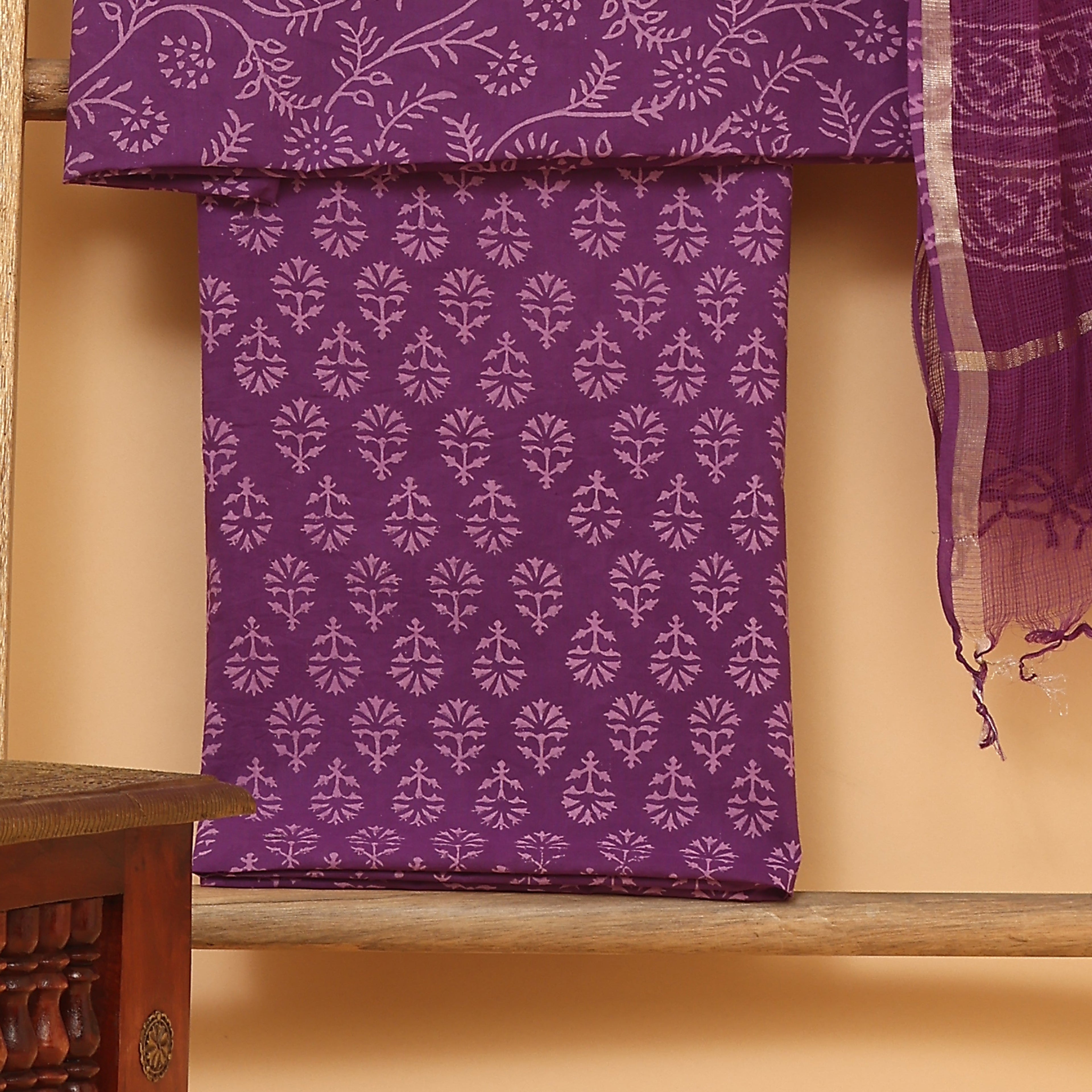purple hand block printed unstitched Suit set