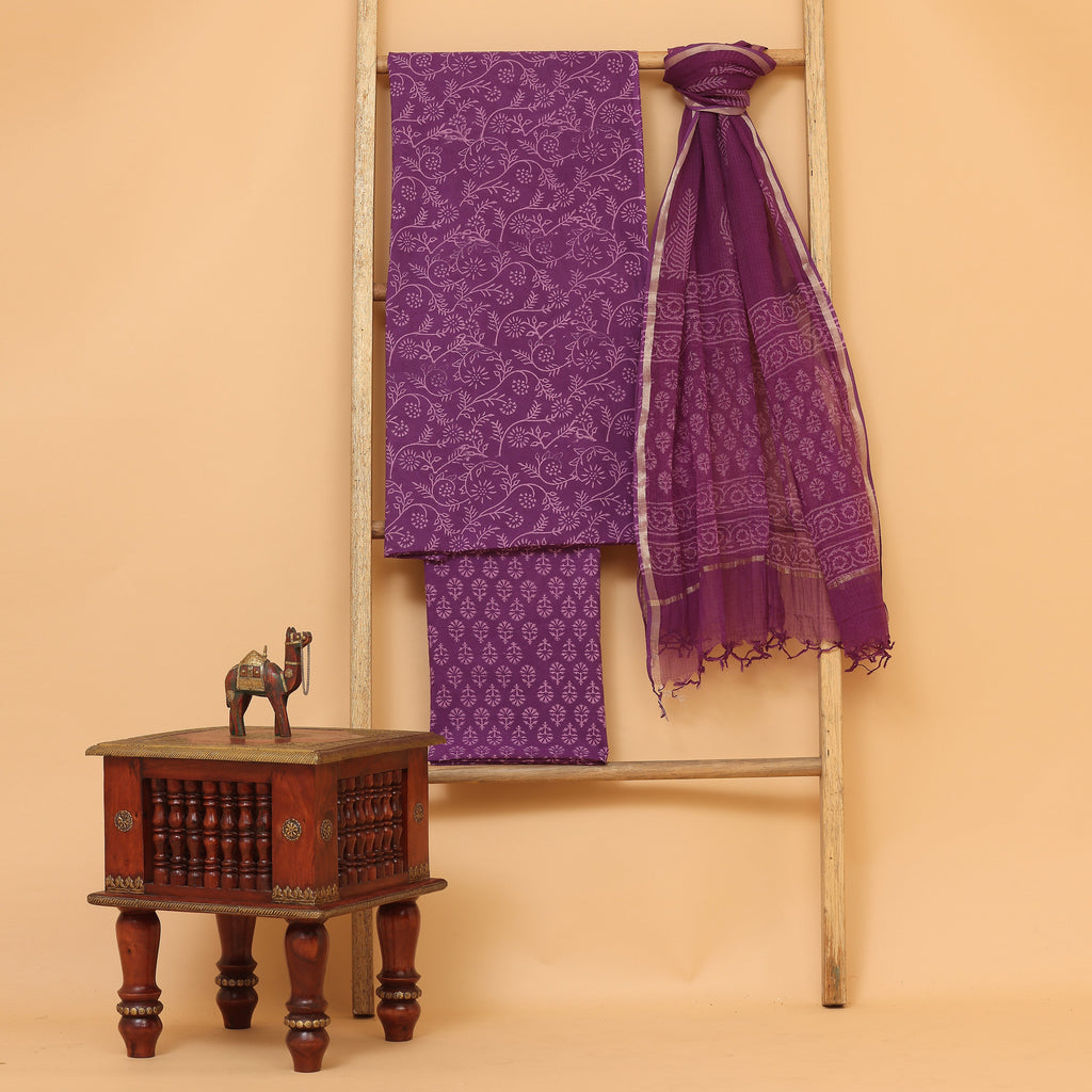 purple hand block printed unstitched Suit set