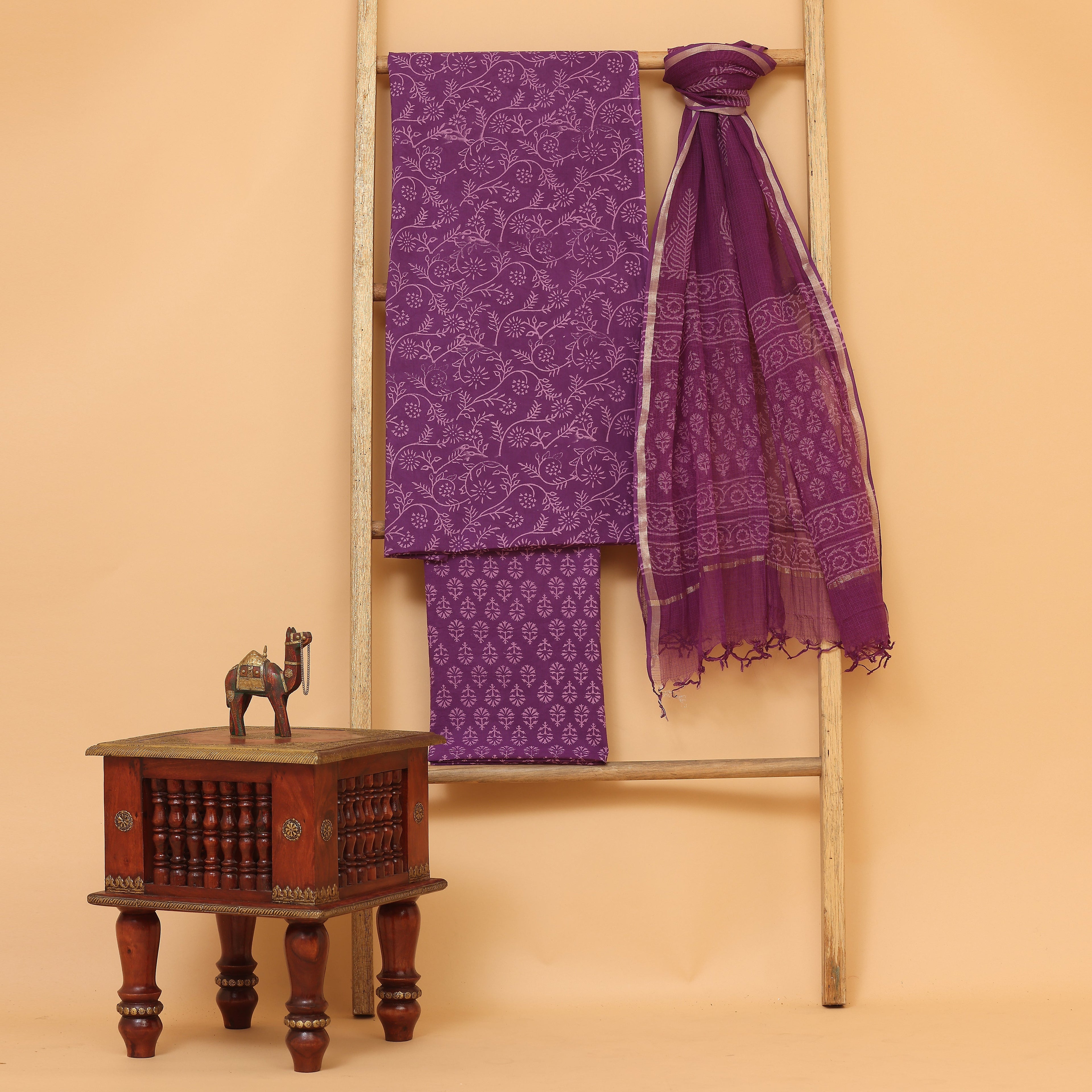 purple hand block printed unstitched Suit set
