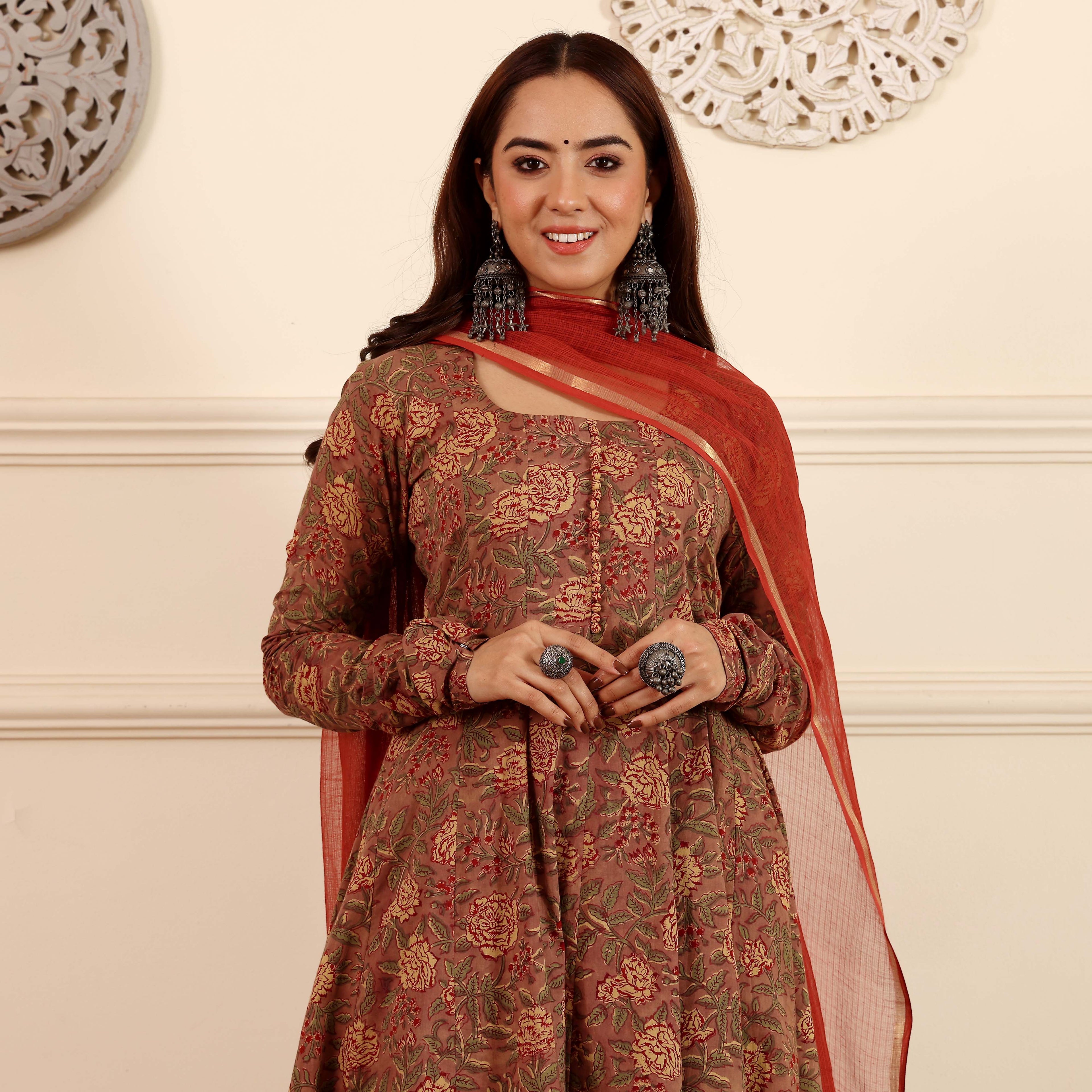 Sindoori Hand Block Cotton Kalidar Set