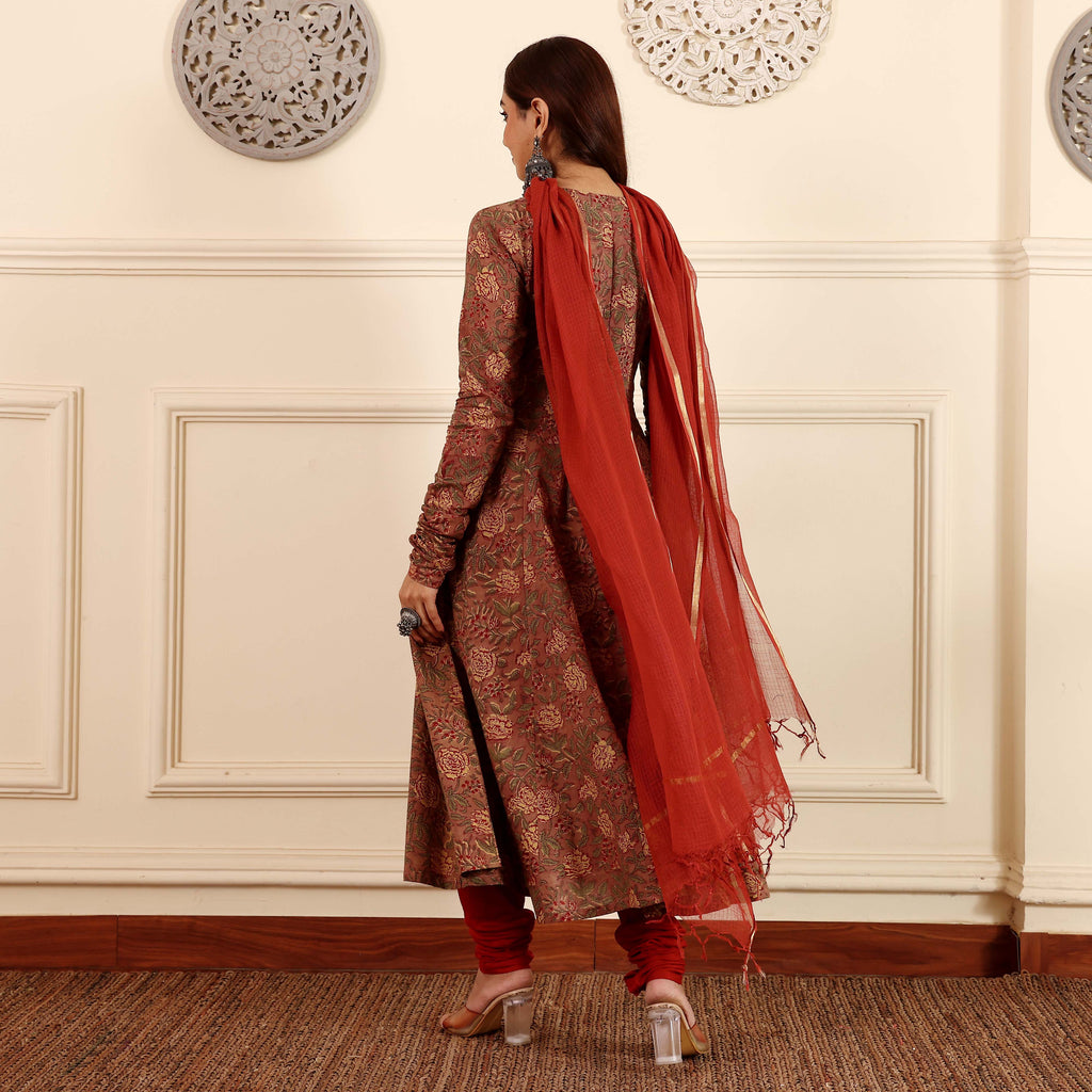 Sindoori Hand Block Cotton Kalidar Set